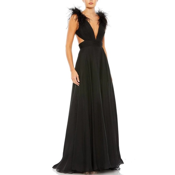 NWOT Mac Duggal Black Feather Trim Plunge V-Neck A-Line Lace Up Gown Size 6 - Picture 3 of 7